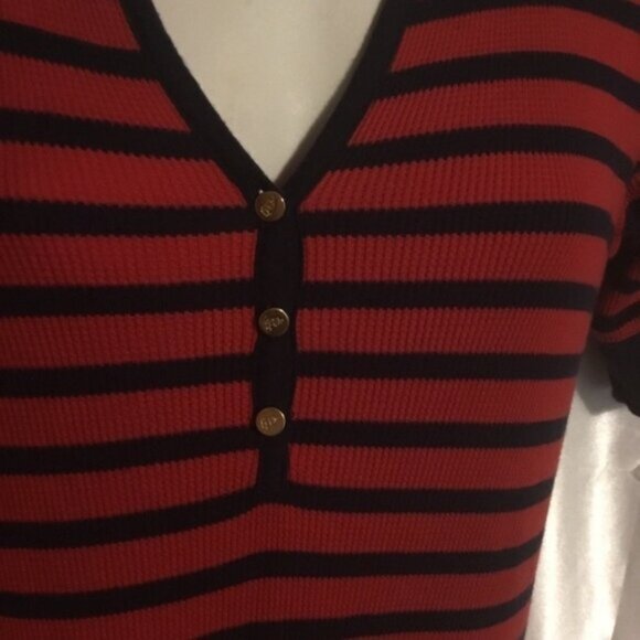 Lauren Ralph Lauren Red Blue Stripped  Waffle Knit Henley Button Down Dress M - Picture 3 of 5